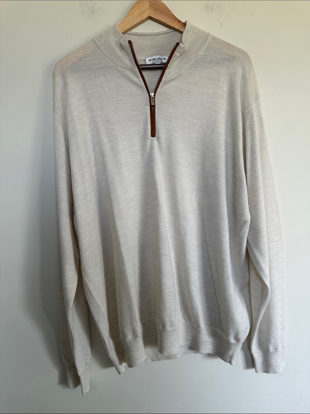 Peter Millar Men's Cream Zip-Neck Sweater with Brown Trim